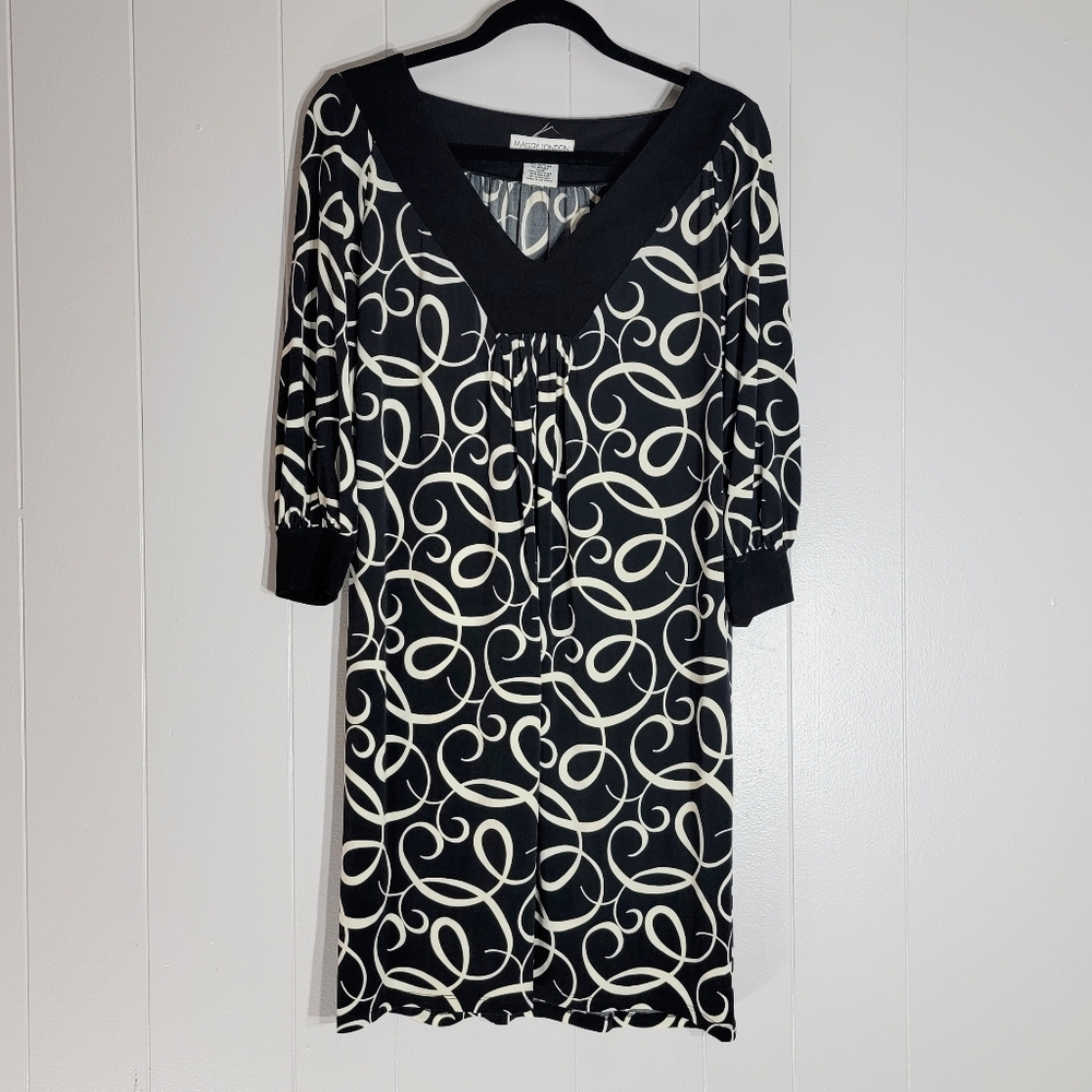 4/$20 Maggy London V-Neck Long Sleeve Cream And Black Print Mini Dress Size 6